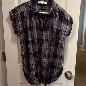 LOFT Shirt Women Extra Small Blue Plaid Button Cuffed Short Sleeve Collar Casual